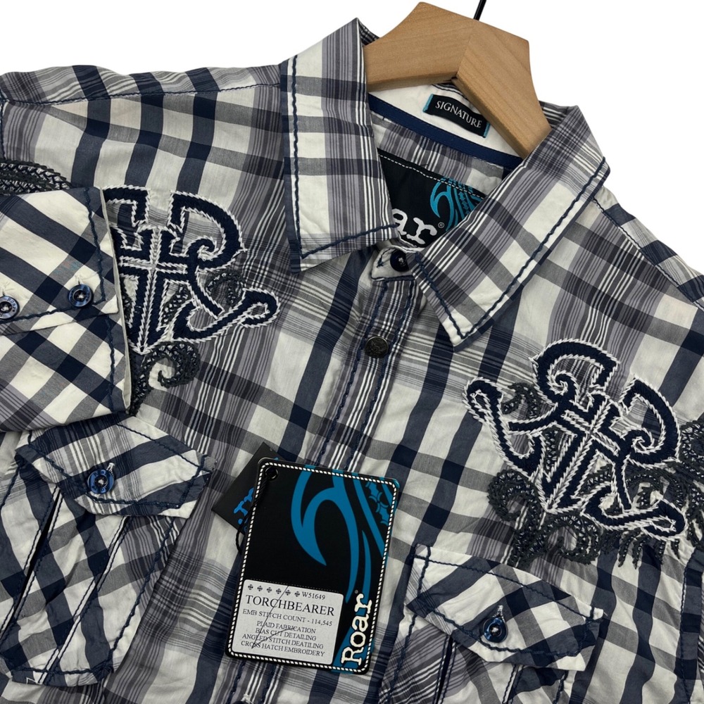 Roar Signature Mens Large Plaid Embroidered Button Down Shirt Blue Gray NWT